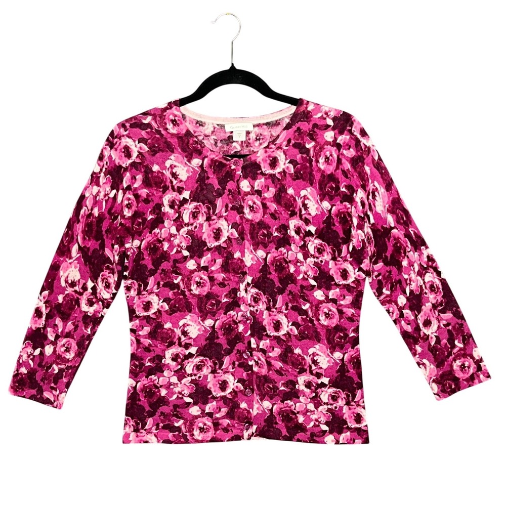 Garnet Hill Cardigan Sweater S Pink Floral 100% Merino Wool Cottagecore Luxury
